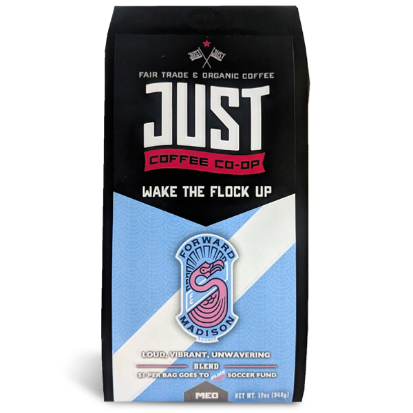 Wake The Flock Up coffee bag from Just Coffee Co-op with a logo and text on a white background