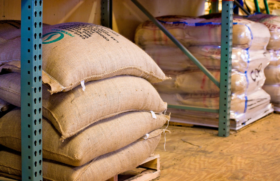 large burlap sacks of green coffee