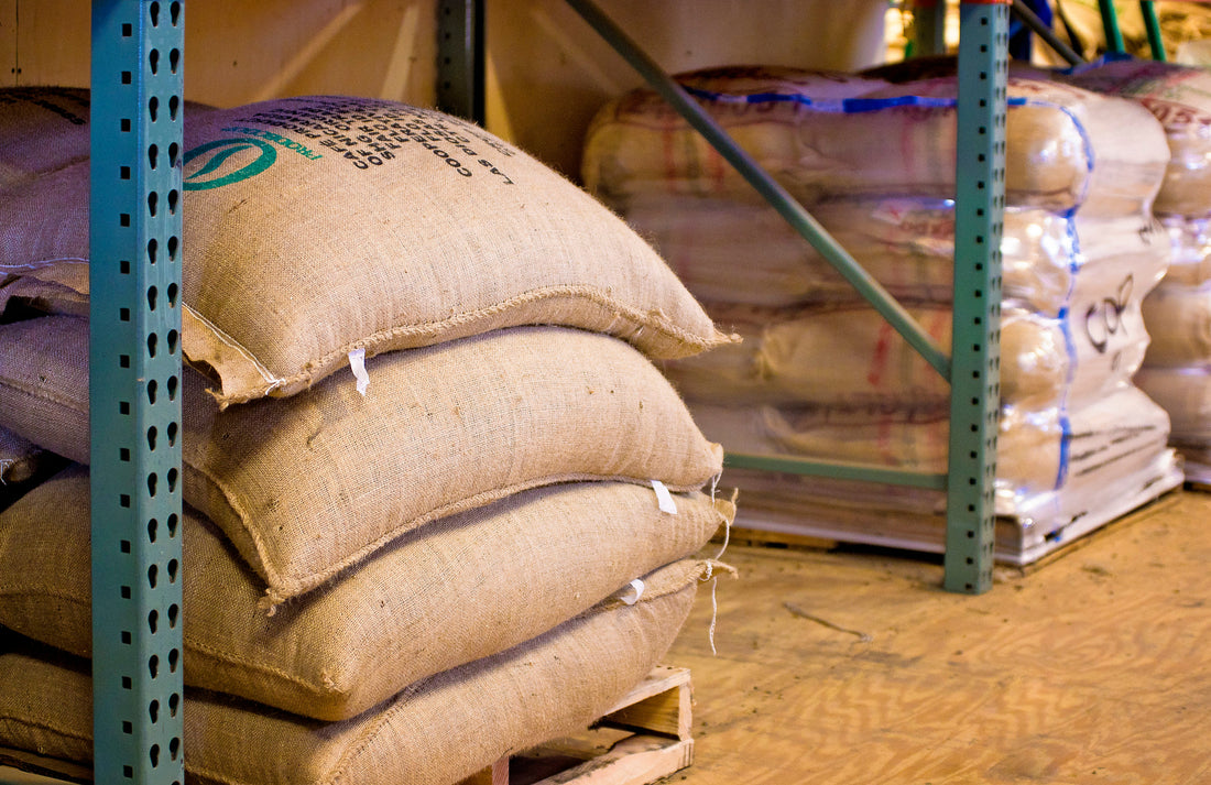 large burlap sacks of green coffee 