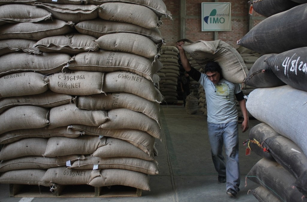 Image of worker carrying a large bag of coffee from Norandino in Peru